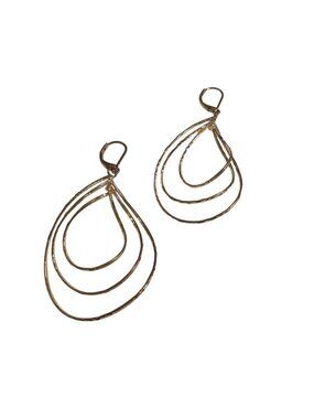 Gold Tone Hammered Hoop Dangle Earrings Teardrop Layers Lightweight Lever Back